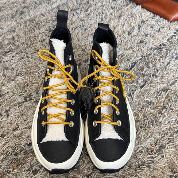 Nwob Converse Black and White High-Tops with Yellow Laces Sz M5 L7 - Picture 2 of 12